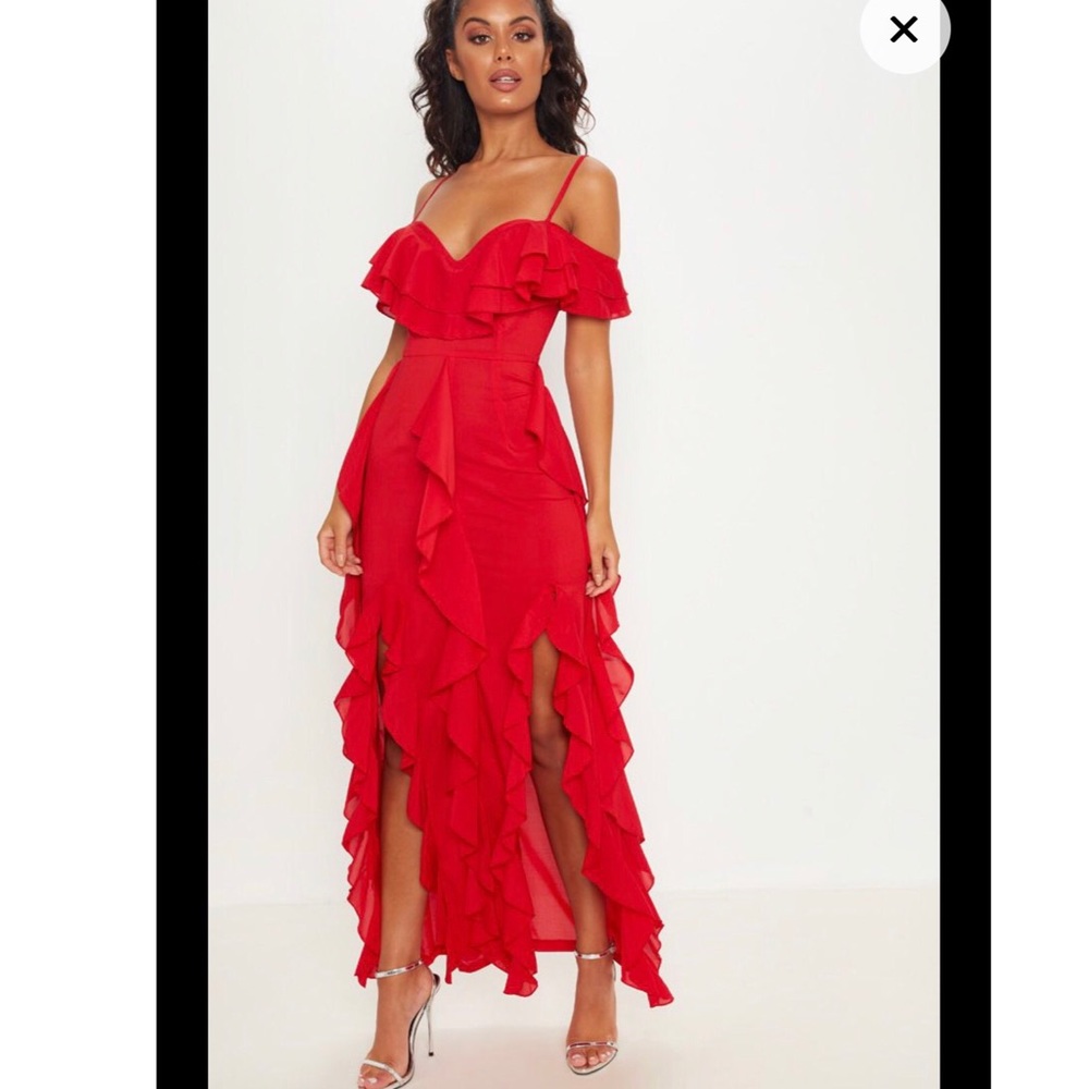 Red cold shoulder ruffle detail maxi dress